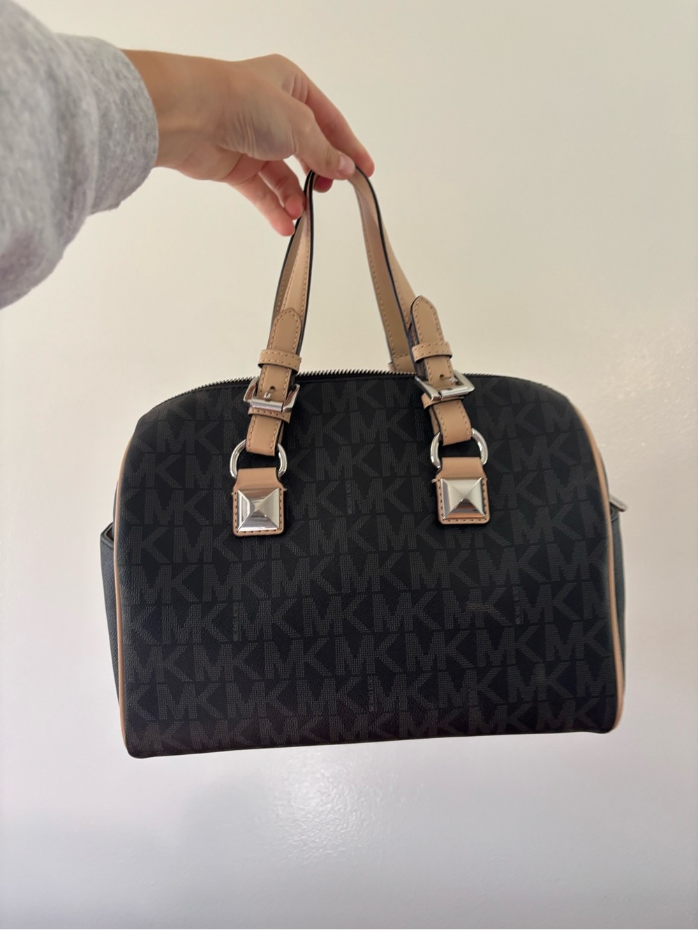 Michael Kors Black MK Logo Satchel with Tan Trim